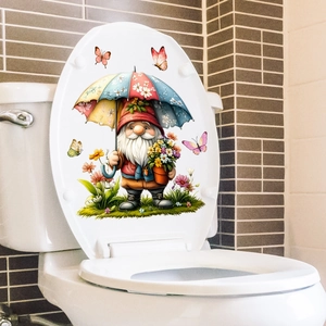 Waterproof cartoon gnome toilet sticker featuring red hat gnome, flowers, and butterflies