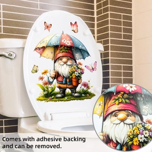Detail of self-adhesive gnome toilet sticker with floral design and easy-remove backing