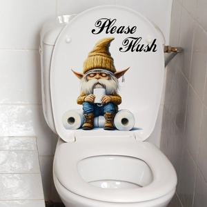 Close-up of cute gnome sticker with 'Please Flush' text on a white toilet lid