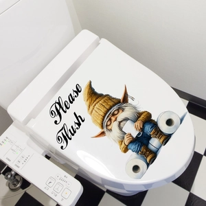 Toilet lid decal with gnome holding tissue and Please Flush text on white surface