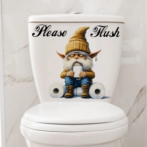 Close-up of cute gnome sticker with Please Flush text on white ceramic toilet tank