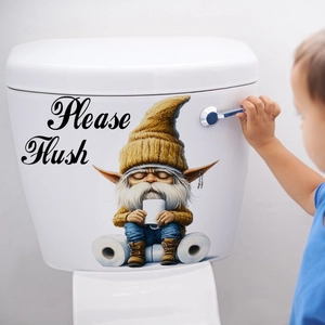 Creative gnome toilet sticker with Please Flush text on white lid in bathroom