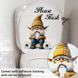 Detail of adhesive gnome toilet lid sticker with Please Flush text on white ceramic