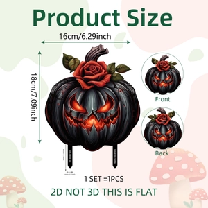 Black Halloween pumpkin garden stake with red roses in 2D PVC for outdoor decor