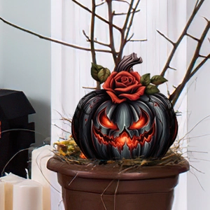 Black Halloween pumpkin with glowing face and red rose detail in a rustic planter