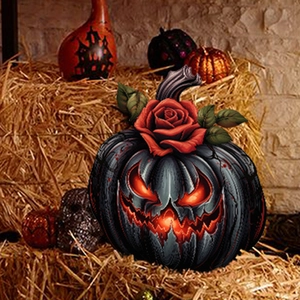 Macro view of Gothic pumpkin Jack-o-lantern with red rose flower for garden decor