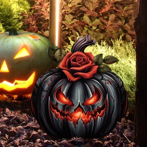 Gothic PVC pumpkin garden stake with red rose and glowing eyes for Halloween yard decor
