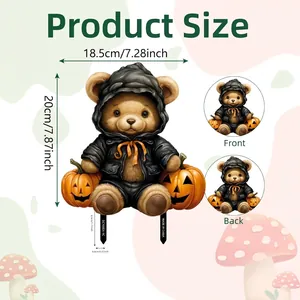 Flat 2D Halloween garden stake size chart showing front and back views of a bear and pumpkin