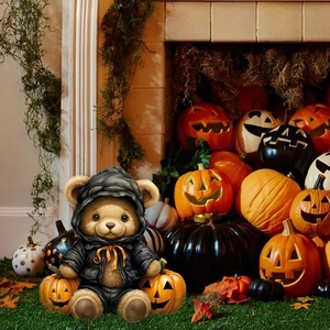 Halloween teddy bear in black cloak with pumpkins, spooky festive garden decoration