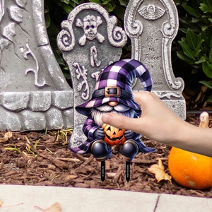 Halloween garden gnome stake with purple plaid hat and pumpkin for outdoor yard decor