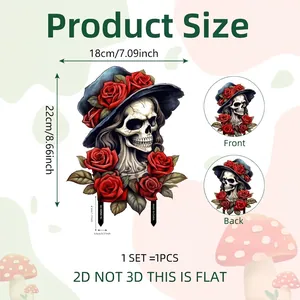 Halloween skeleton garden stake with rose hat, double-sided 2D flat PVC decor 22x18cm