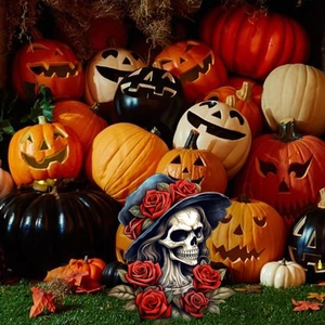 Detail of Halloween garden stake featuring a skull with rose hat among carved pumpkins