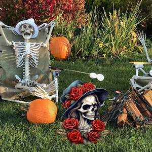 Gothic skull decor with red roses and wide hat for Halloween garden yard sign