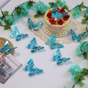 3D hollow laser-cut blue butterfly stickers with glitter finish for wall or cake decor