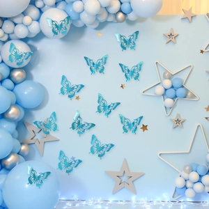 Detailed close-up of blue 3D hollow butterfly wall stickers with glitter for party decor