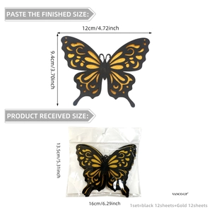 Detail showing 3D hollow butterfly wall stickers dimensions and packaging size guide