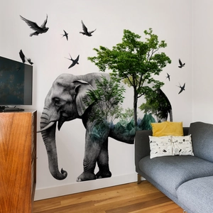 Self-adhesive wall sticker featuring double exposure elephant with forest and flying birds