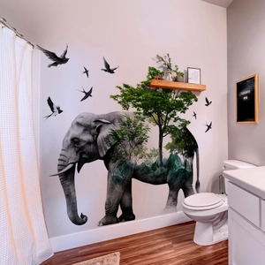 Artistic Elephant Forest Silhouette Wall Sticker Waterproof Removable PVC Mural For Kids Room Living Room Decor Home Decal