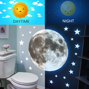 Luminous moon and stars wall stickers set with bright blue glow for bedroom decor