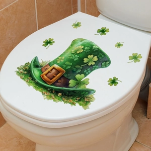 Detail of St. Patrick's Day toilet lid sticker with green hat and shamrock patterns