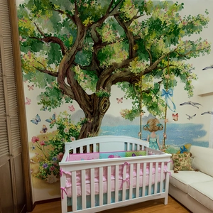 Summer beach and big tree wall sticker for kids room with a girl on a swing illustration