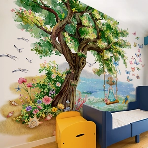 Detailed watercolor wall sticker featuring a large tree and girl swinging in a kid room