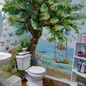 Watercolor Large Tree Girl On Swing Wall Stickers PVC Removable Self Adhesive Nursery Kids Room Bedroom Decor