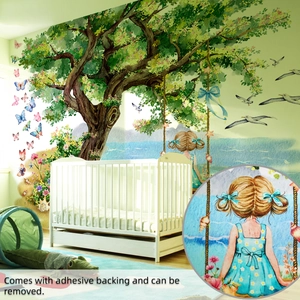 Detail showing self-adhesive watercolor wall sticker with a girl on a swing and trees