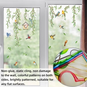 Details der statischen Fensterbilder mit Vögeln, Ranken und beidseitigen Farben
