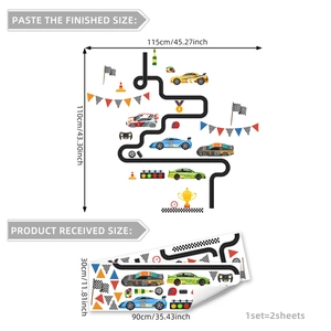 Stickers muraux voiture de course et circuit avec drapeaux pour chambre d'enfant