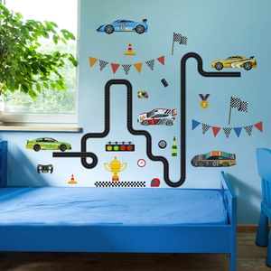 Stickers muraux colorés de voitures de course avec circuits pour chambre d'enfant
