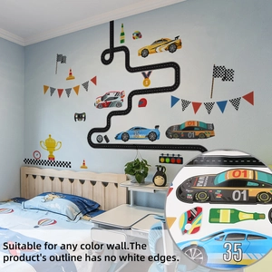 Détail de stickers muraux voiture de course sans bord blanc pour chambre d'enfant