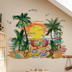 Cartoon beach sunset wall stickers with coconut trees and animals for kids room