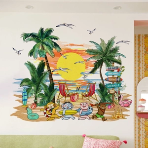 Tropical beach sunset wall sticker with cartoon animals and palm trees for kids room decor