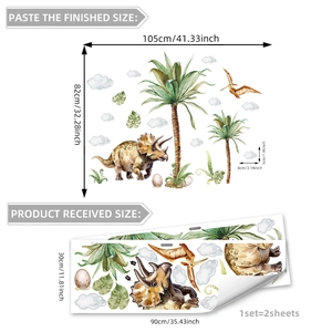 Watercolor dinosaur and palm tree wall decal set for children bedroom decor 105x82cm