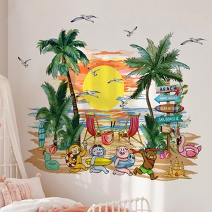Cartoon beach sunset wall sticker with surfing animals and palm trees for kids' room