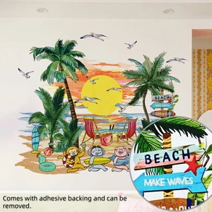 Detail of beach animal wall stickers showing coconut trees and sunset decal textures