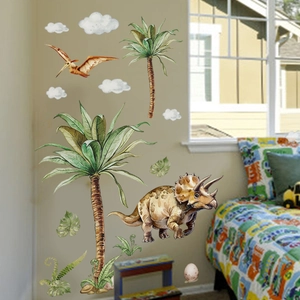 Watercolor dinosaur wall decals with prehistoric plants for kids bedroom decor