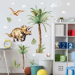 Watercolour dinosaur wall decals with triceratops and palm trees for kids bedroom decor
