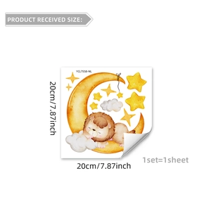 Luminous wall sticker featuring a cute sleeping lion on a moon with stars for kids' rooms
