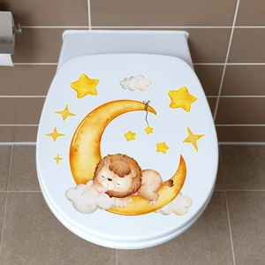 Luminous sleeping lion and moon toilet cover wall sticker with glowing stars and clouds