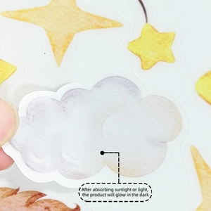 Detail of glow-in-the-dark wall stickers showing stars and clouds with hand detail