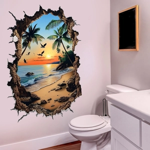 3D cracked wall sticker with sunset tropical beach and palm tree ocean scenery