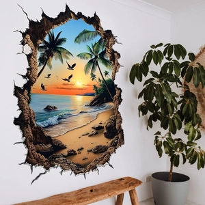 3D broken wall beach sunset wall sticker with tropical palms and ocean for home decor