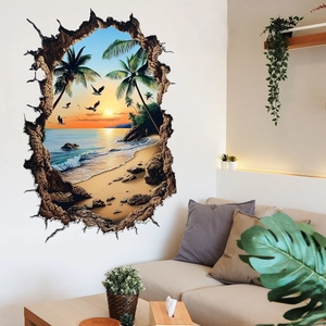 Detailed 3D broken wall sunset island wall sticker displayed on a living room wall