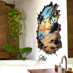 Wall Sticker 3D Broken Wall Effect Tropical Beach Sunset Island PVC Waterproof Self Adhesive Home Decor Mural Art