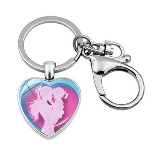 Detail of silver heart keychain showing mother and child silhouette with lobster clasp