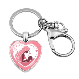 Detail of silver heart keychain with pink mother and baby silhouette and lobster clasp