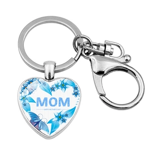 Silver heart keychain with MOM and Happy Mother's Day text with blue butterfly