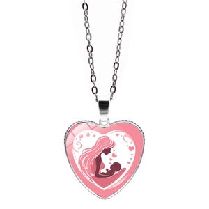 Collar de corazón plateado con colgante de silueta de madre e hijo rosa para el día de la madre